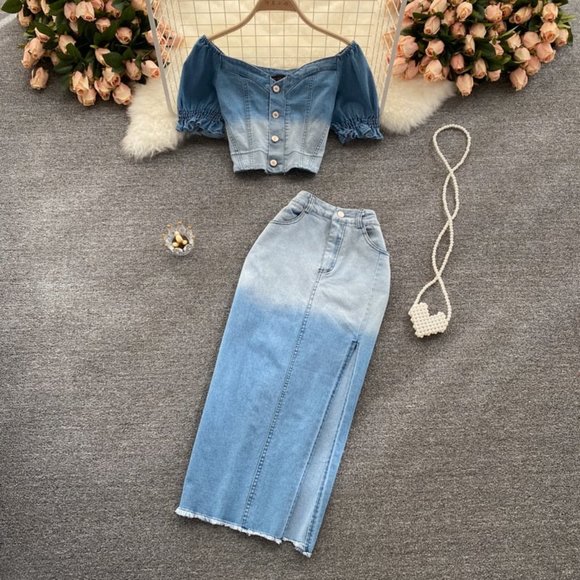 Gradient Color Summer Denim Skirts Set For Women - Picture 4 of 6